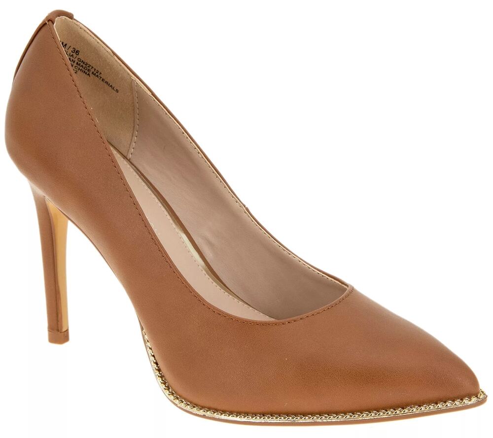 BCBGeneration Harlia Pumps Cognac Brown Tan Chain Trim Pointed Toe Stiletto 9⁠